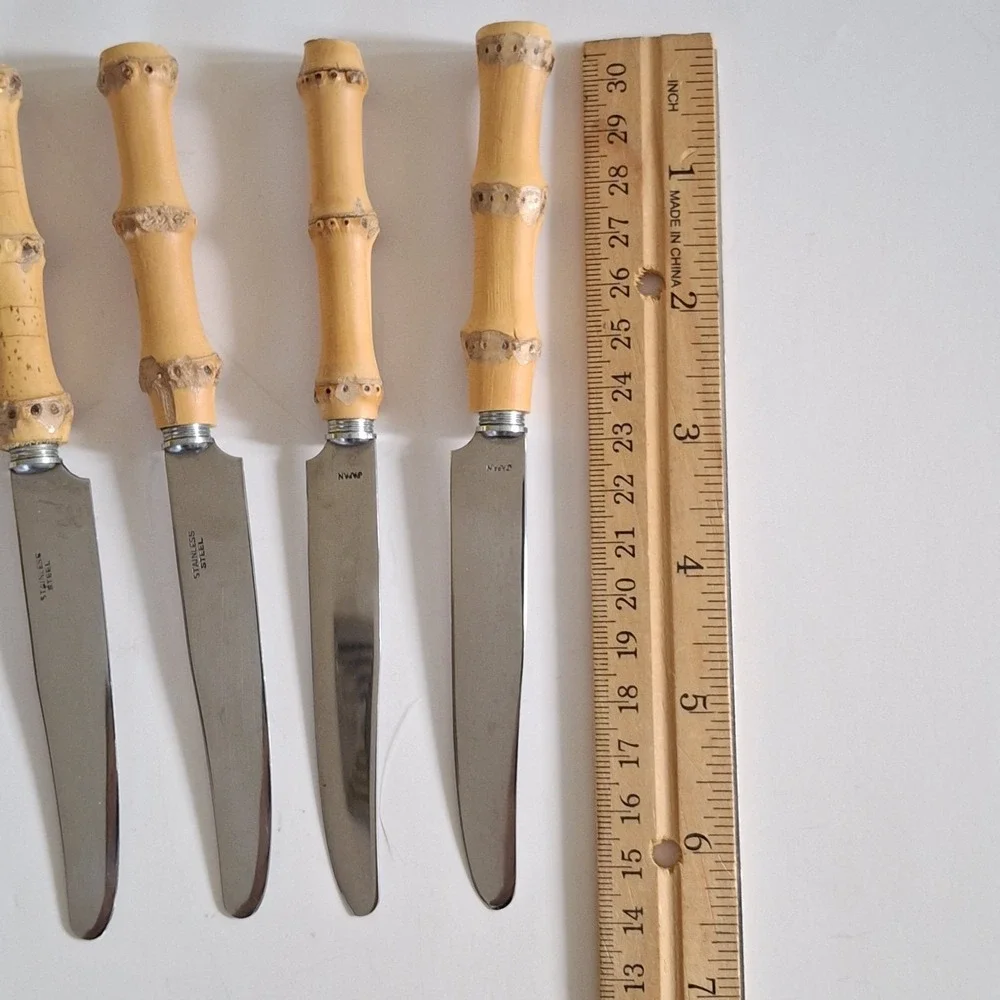 Vintage Mid Century Modern‎ Bamboo Tiki Silverware 4 pc Knives Stainless Japan